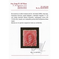 ARGENTINA 1865 GJ 25 RIVADAVIA ESTAMPILLA DE 4° TIRADA CON VARIEDAD DOBLE DENTADO VERTICAL IZQUIERDO, PEQUEÑO ADELGAZAMIENTO CON CERTIFICADO DE AUTENTICIDAD, MUY RARO NO FIGURA EN CATALOGO SOLO DOBLE HORIZONTAL A U$ 240 Y ESTE ES VERTICAL