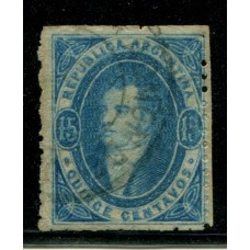 ARGENTINA 1864 GJ 24 RIVADAVIA PE 13 I  U$ 70 + FILIGRANA BIEN CAIDA Y RAYA