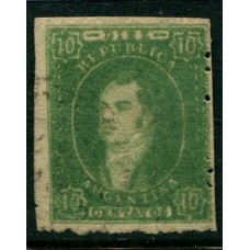 ARGENTINA 1864 GJ 23 RIVADAVIA PE 12 I ESTAMPILLA DE 10 Cts. DE IMPRESIÓN CARGADA U$ 30