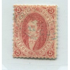 ARGENTINA 1864 GJ 19e RIVADAVIA 1° TIR VARIEDAD PAPEL DELGADO CON MATASELLO CORREO DE SANTIAGO DEL ESTERO ENTRE LAURELES +200%