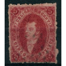 ARGENTINA 1866 GJ 26 RIVADAVIA 5ta CARMIN U$ 30 CON IMPRESIÓN MOVIDA