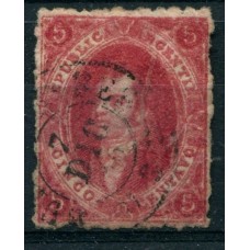 ARGENTINA 1866 GJ 26 RIVADAVIA 5ta CARMIN U$ 30 CON PLIEGUE NATURAL DEL PAPEL Y MATASELLO 7 DE DICIEMBRE DE 1866