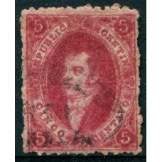 ARGENTINA 1866 GJ 26 RIVADAVIA 5ta CARMIN U$ 30 CON MATASELLO FRANCA MENDOZA