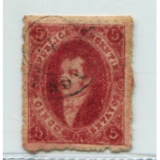 ARGENTINA 1866 GJ 26A RIVADAVIA 5ta CARMIN MORADO U$ 48 CON FILIGRANA BIEN DESPLAZADA CASI AR + VARIEDAD LINEA DE CONTINUACIÓN DEL MARCO INFERIOR