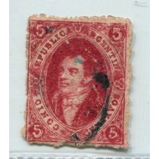 ARGENTINA 1866 GJ 26 RIVADAVIA 5ta CARMIN ROJO U$ 30 BONITA IMPRESIÓN QUE GENERA UNA IMPRESIÓN DEL SACO RAIDO