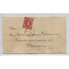 ARGENTINA 1865 GJ 25 RIVADAVIA CUBIERTA DE PLIEGO CIRCULADA A ROSARIO EL 10/8/1866 CARTA CON UNA ESTAMPILLA DE 4ta TIRADA CON IMPRESIÓN MANCHADA, MUY BONITA PIEZA U$ 120