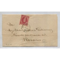 ARGENTINA 1865 GJ 25 RIVADAVIA CUBIERTA DE PLIEGO CIRCULADA A ROSARIO EL 10/8/1866 CARTA CON UNA ESTAMPILLA DE 4ta TIRADA CON IMPRESIÓN MANCHADA, MUY BONITA PIEZA U$ 120