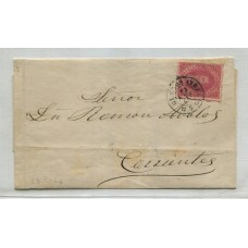 ARGENTINA 1865 GJ 25 RIVADAVIA CUBIERTA DE PLIEGO CIRCULADA A CORRIENTES EL 23/2/1866 CARTA CON UNA ESTAMPILLA DE 4ta TIRADA, MUY BONITA PIEZA U$ 120