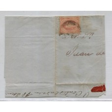 ARGENTINA 1865 GJ 20 MSJ 132 RIVADAVIA EN MENSAJERIA MEDIA CARTA CON UNA ESTAMPILLA DE 3ra TIRADA CON MATASELLO DE MENSAGERIA NUEVAS PENINSULARES EN COLOR NEGRO, VALOR DE LA CARTA COMPLETA U$ 1500