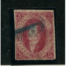 ARGENTINA 1866 GJ 26A RIVADAVIA 5ta COLOR CARMIN LILA U$ 48