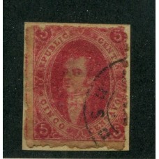 ARGENTINA 1866 GJ 26Ab 5ta COLOR CEREZA PAPEL APERGAMINADO U$ 90