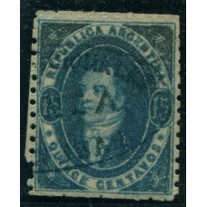 ARGENTINA 1864 GJ 24A RIVADAVIA IMPRESIÓN BORROSA Y CARGADA COLOR AZUL PIZARRA MATASELLO FRANCA DE SAN JUAN