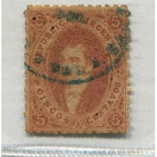 ARGENTINA 1865 GJ 20 RIVADAVIA ESTAMPILLA DE 3ra TIRADA CON MATASELLO "ESTAFETA AMBULANTE DEL F. C. DEL S." EN AZUL + 150% MUY RARO