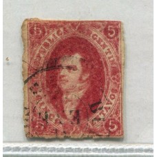 ARGENTINA 1866 GJ 26b RIVADAVIA 5ta TIRADA ESTAMPILLA CON VARIEDAD DOBLE IMPRESIÓN LA FILIGRANA ESTA BIEN ABAJO Y EL PAPEL PARECE SER APERGAMINADO, HERMOSO EJEMPLAR