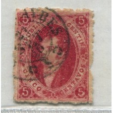 ARGENTINA 1866 GJ 26Ab RIVADAVIA 5ta TIRADA CARMIN CEREZA ESTAMPILLA CON MATASELLO 21-SET-1866 REPARADA