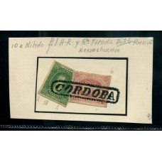 ARGENTINA 1867 GJ 28 RIVADAVIA 6ta TIRADA ESTAMPILLA CON VARIEDAD DOBLE LINEA DEL MARCO RARA, EN UNA RECONSTRUCCION CON UN 10 Cts AMBOS MATASELLO CORDOBA QUE NO PERTENECIAN A LA MISMA CARTA