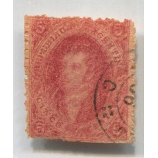 ARGENTINA 1865 GJ 25a RIVADAVIA ESTAMPILLA DE 4ta TIRADA CON NOTABLE VARIEDAD DOBLE IMPRESIÓN TOTAL Y FILIGRANA RAYA