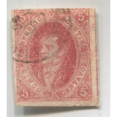 ARGENTINA 1865 GJ 25h RIVADAVIA 4° TIRADA VARIEDAD PAPEL RAYADO COLOR ROSA LILA IMPRESIÓN SECA PRINCIPIO DE CRAQUELE CON MATASELLO 17/MAY/1866 CON SUAVE ADELGAZAMIENTO U$ 72