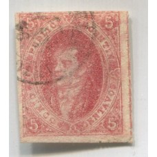 ARGENTINA 1865 GJ 25h RIVADAVIA 4° TIRADA VARIEDAD PAPEL RAYADO COLOR ROSA LILA IMPRESIÓN SECA PRINCIPIO DE CRAQUELE CON MATASELLO 17/MAY/1866 CON SUAVE ADELGAZAMIENTO U$ 72