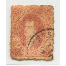 ARGENTINA 1867 GJ 28h RIVADAVIA 6ta TIRADA ESTAMPILLA VARIEDAD PAPEL APERGAMINADO INFIMO ADELGAZAMIENTO U$ 150