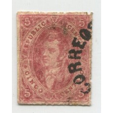 ARGENTINA 1865 GJ 25j RIVADAVIA 4ta TIRADA ESTAMPILLA VARIEDAD MULATO DE COLOR ROSA LILA DE TONO MAS VIOLACEO IMPRESIÓN BORROSA ADEMAS ES PAPEL GRUESO GJ 25f Y PAPEL RAYADO GJ 25i, TODO EN UNO