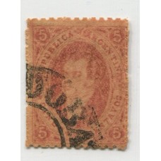 ARGENTINA 1865 GJ 20g RIVADAVIA 3ra TIRADA ESTAMPILLA VARIEDAD PAPEL GRUESO CON FILIGRANA RAYA Y MATASELLO CORDOBA