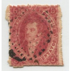 ARGENTINA 1866 GJ 26Aa RIVADAVIA 5ta TIRADA COLOR CARMIN MORADO ESTAMPILLA CON FILIGRANA RAYA Y VARIEDAD DOBLE IMPRESIÓN, RARISIMO U$ 120