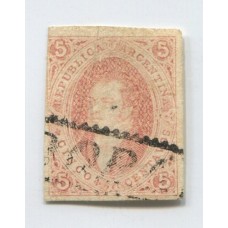 ARGENTINA 1867 GJ 27 RIVADAVIA 6ta SIN DENTAR ESTAMPILLA CON PLIEGUE NATURAL DEL PAPEL , TIENE UN SUAVE ADELGAZAMIENTO MUY BUEN FRENTE CON MATASELLO CORDOBA U$ 300