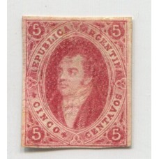 ARGENTINA 1867 GJ 32 RIVADAVIA 7ma PE 14 ESTAMPILLA SIN DENTAR NUEVA CON SUAVE DOBLEZ NO APRECIABLE AL FRENTE, MUY BUEN EJEMPLAR U$ 420