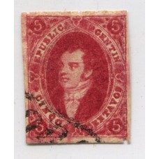 ARGENTINA 1866 GJ 26Ab RIVADAVIA 5ta TIRADA PAPEL APERGAMINADO FILIGRANA AR, RARISIMO U$ 90 +