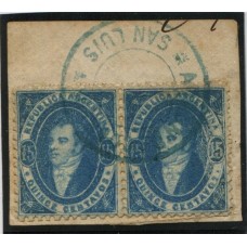 ARGENTINA 1864 GJ 24 RIVADAVIA 15 Cts. IMPRESIÓN BORROSA PAREJA EN FRAGMENTO CON MATASELLO SAN LUIS EN AZUL CON DENTADO PERFECTO, MAGNIFICA CALIDAD MUY RARA