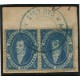 ARGENTINA 1864 GJ 24 RIVADAVIA 15 Cts. IMPRESIÓN BORROSA PAREJA EN FRAGMENTO CON MATASELLO SAN LUIS EN AZUL CON DENTADO PERFECTO, MAGNIFICA CALIDAD MUY RARA