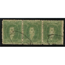 ARGENTINA 1864 GJ 23 RIVADAVIA 10 Cts. IMPRESIÓN BORROSA TIRA DE TRES CON MATASELLO ROSARIO, ESTUPENDA CALIDAD MUY RARA