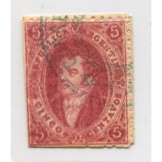 ARGENTINA 1865 GJ 25a RIVADAVIA 4ta TIRADA ESTAMPILLA VARIEDAD DOBLE IMPRESIÓN, MATASELLO SANTIAGO DEL ESTERO + 200%