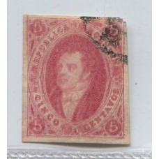 ARGENTINA 1867 GJ 32a RIVADAVIA ESTAMPILLA de 7ma TIRADA SIN DENTAR, ADELGAZADA CON VARIEDAD DOBLE IMPRESIÓN TOTAL U$ 300