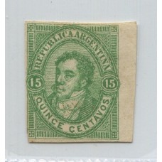 ARGENTINA 1863 GJ 18 ESTAMPILLA PRUEBA DE IMPRESIÓN ENSAYO DE ROBERTO LANGE, RIVADAVIA DE 15 Cts. ESTA EN CATALOGO KNEITSCHEL, COLOR VERDE AMARILLO GJ E4 U$ 75