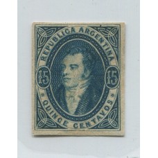 ARGENTINA 1863 GJ 18 ESTAMPILLA PRUEBA DE IMPRESIÓN ENSAYO DE LONDRES, RIVADAVIA DE 15 Cts. AZUL PIZARRA EN CATALOGO KNEITSCHEL Nº 7 GJ E12 U$ 250