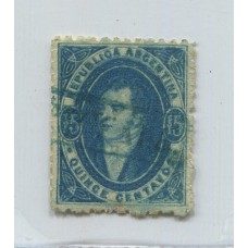 ARGENTINA 1864 GJ 24 RIVADAVIA ESTAMPILLA CON MINIMO ADELGAZAMIENTO AL DORSO MATASELLO CERTIFICADA DE PASO DE LOS LIBRES CORRIENTES EN COLOR AZUL 