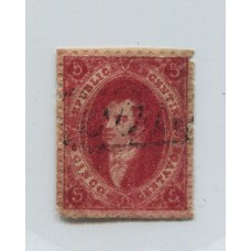 ARGENTINA 1866 GJ 26Ab RIVADAVIA 5ta PAPEL APERGAMINADO CON MATASELLO CORDOBA, HERMOSO EJEMPLAR U$ 90