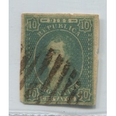 ARGENTINA 1864 GJ 23 RIVADAVIA ESTAMPILLA DE 10 Cts. DE MUY LINDO Y RARO COLOR CON MATASELLO 10 BARRAS DE RIO CUARTO CORDOBA + 150 %, MUY RARO