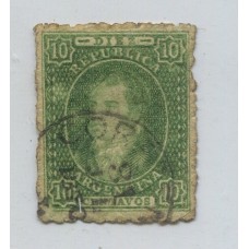 ARGENTINA 1864 GJ 23g RIVADAVIA ESTAMPILLA DE 10 Cts. MULATO CON MATASELLO CORRIENTES 31/7/1870, ALGUNOS DOBLECES SOLO APRECIABLES DESDE EL DORSO U$ 72