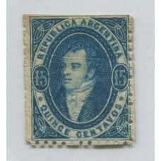 ARGENTINA 1864 GJ 24 RIVADAVIA 15 Cts. IMPRESIÓN SEMINITIDA CON PLIEGUE NATURAL DEL PAPEL ESTAMPILLAS NUEVA U$ 180