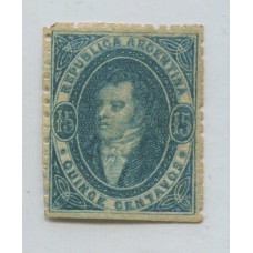 ARGENTINA 1864 GJ 24A RIVADAVIA 15 Cts. AZUL VERDOSO IMPRESIÓN SEMINITIDA ESTAMPILLA NUEVA U$ 190