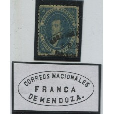 ARGENTINA 1864 GJ 24d RIVADAVIA 15 Cts. ESTAMPILLA VARIEDAD PAPEL RAYADO, MATASELLO FRANCA MENDOZA U$ 180