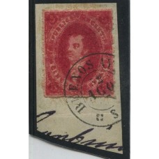 ARGENTINA 1866 GJ 26 RIVADAVIA 5ta ESTAMPILLA DE PAPEL DURO SOBRE FRAGMENTO MATASELLO CON ERROR "32" AGOSTO 1867