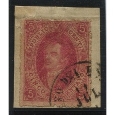 ARGENTINA 1865 GJ 25B RIVADAVIA 4ta TIRADA ESTAMPILLA DE COLOR ROSA IMPRESIÓN NITIDA U$ 120 EN FRAGMENTO