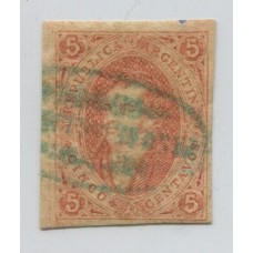 ARGENTINA 1867 GJ 27A RIVADAVIA ESTAMPILLA DE 6ta TIRADA SIN DENTAR COLOR ROJO PARDO ANARANJADO DE AMPLIOS MARGENES Y BORDE DE HOJA CON GARANTIA AL DORSO DE STANLEY GIBBONS EJEMPLAR DE LUJO U$ +270