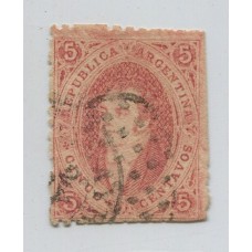 ARGENTINA 1867 GJ 28 RIVADAVIA ESTAMPILLA DE 6ta TIRADA CON DOS MATASELLOS DIFERENTES, RARO U$ 60