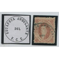 ARGENTINA 1867 GJ 28i RIVADAVIA ESTAMPILLA DE 6ta TIRADA COLOR ROJO PARDO VARIEDAD PAPEL DELGADO CON MATASELLO ESTAFETA AMBULANTE DE FERROCARRIL U$ 90+