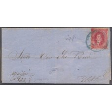 ARGENTINA 1867 GJ 26b RIVADAVIA DE 5ta TIRADA ESTAMPILLA CON DOBLE IMPRESIÓN PARCIAL, EN PLIEGO COMPLETO DE NAVARRO CON MATASELLO ESTAFETA AMBULANTE F.C.O. DEL 30 DE JULIO DE 1867 ( YA EN FECHA DE 7ma ) HERMOSA Y RARA U$ 600++